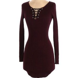 Burgundy Tight Fitting Long Sleeved Dress w/ Lace Up Chest by No Boundaries